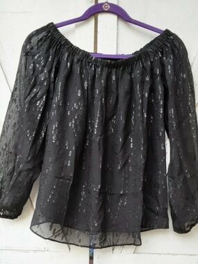 Lilly Pulitzer Black Sheer Off-Shoulder Blouse with Metallic Dot Print